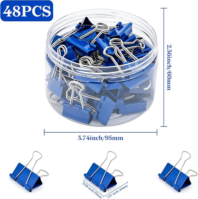 Temiary 48 Pcs Binder Clips, 0.98 Inch Medium Metal Binder Paper Clip with Container, Blue Paper Clamps Bulk for Office, Home, School Supplies