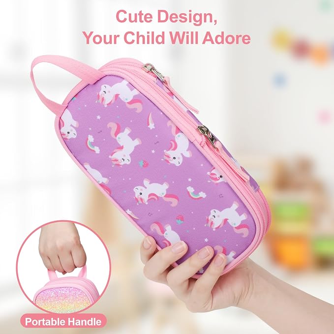 Bagseri Pencil Case for Girls - Expandable Cute Pencil Pouch for Kids Special Pencil Box Large Capacity Pencil Bag Organizer for School (Glitter Purple Unicorn)
