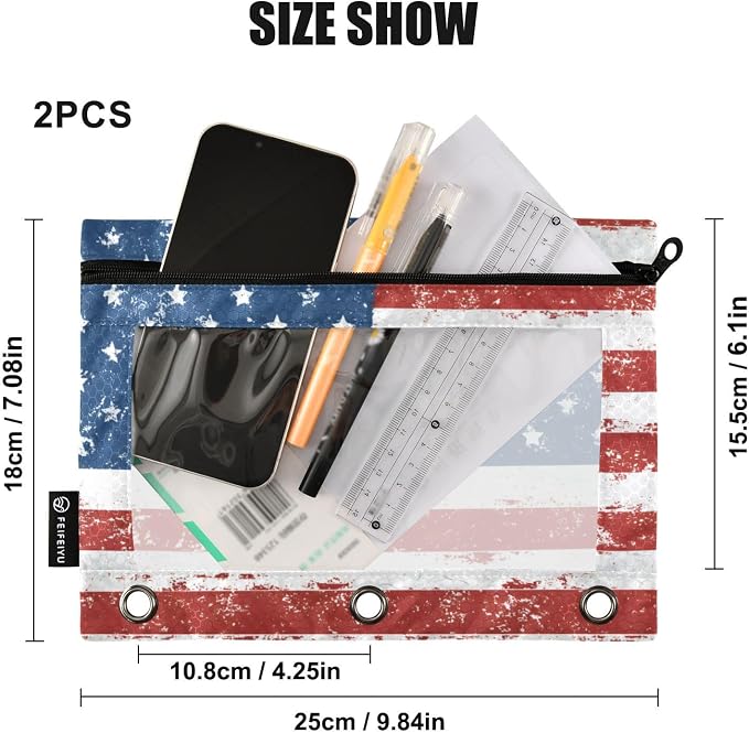 ALAZA Pencil Pouch for 3 Ring Binder, Blue Red White Grunge American Flag Binder Pencil Pouches with Clear Window Zipper Pencil Case Cosmetic Bags for Office College Supplies, 2PCS