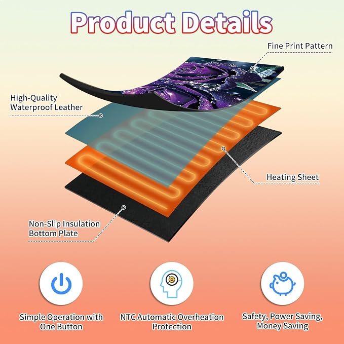 Heated Desk Pad Large Mouse Pad 31.5 x 13 inch with 3 Levels Heating & Auto Shut-Off Warm Mouse pad PU Leather Computer Mousepad for Home Office Work - Purple Rose Flower