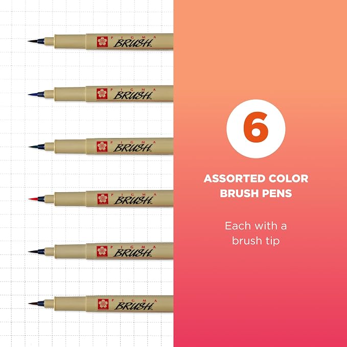 SAKURA Archival Brush Pens, 6 Set, Colors may vary