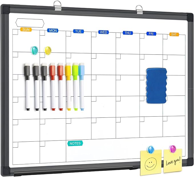 White Board Calendar Dry Erase for Wall, 24" x 18" Aluminum Frame（Black） | Magnetic Monthly Planner Board, Wall Mounted or Hanging. Calendar Design Suitable for Daily Planning of Home, Office, Class