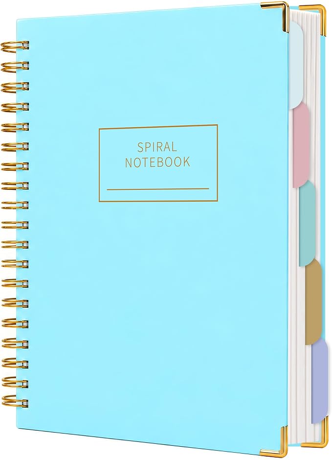 Hardcover Spiral Notebook with Tabs 8"x10" Large Spiral Lined Journals for Women with Dividers 240 Pages College Ruled Composition Notebook 5 Subject Notebook for Work, Back to School, Gifts, Blue