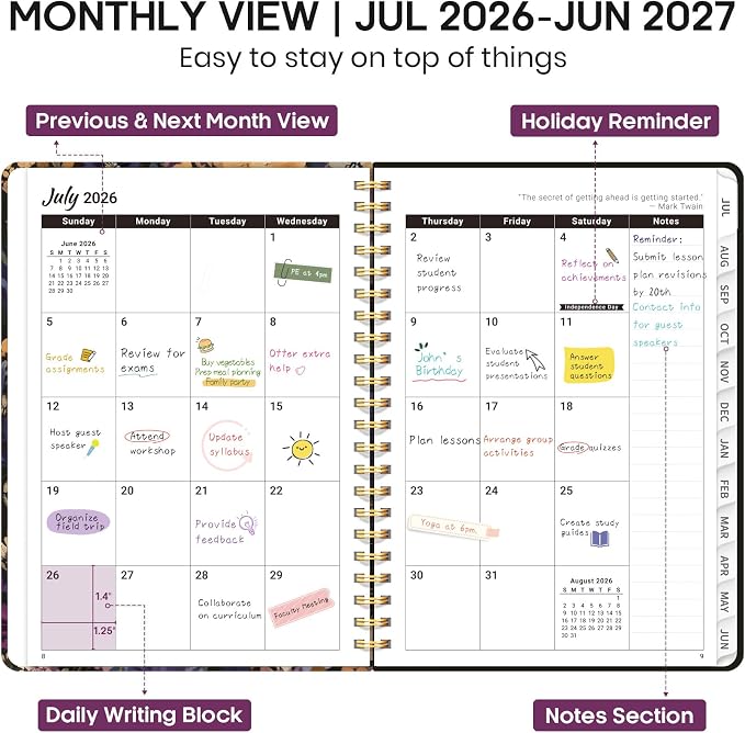 Academic Planner 2026-2027, Weekly and Monthly Calendar Book, July 2026 – June 2027, Hardcover Planner with Tabs, Perfect for Teachers, Students, Women & Men, A5 (6.4" x 8.5") - Midnight Bloom