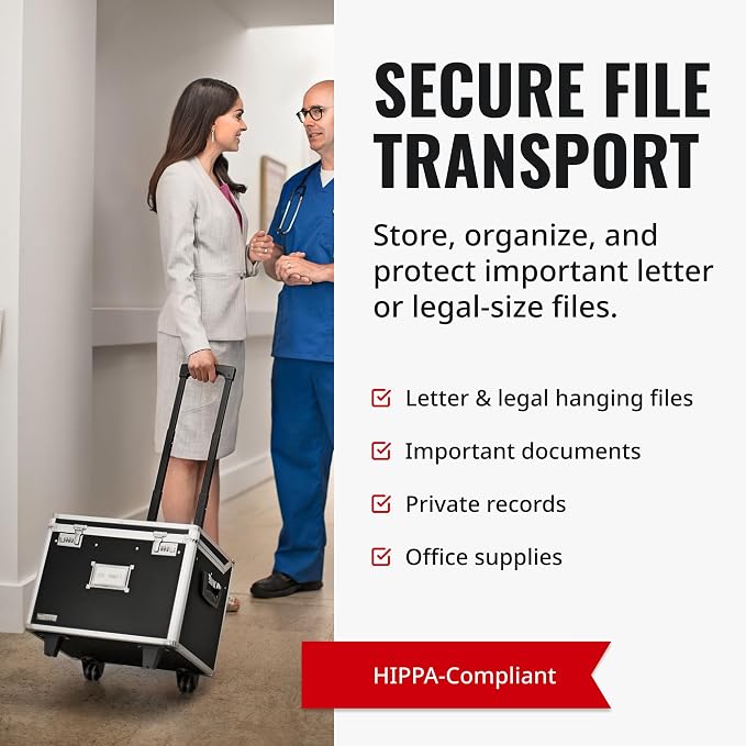 Vaultz Portable File Box with Handle - Dual Lock File Boxes with Lids, Letter & Legal-Size Hanging Folders, Laptop Sleeve - HIPAA Compliant Portable Safe Storage Box, 14.5" x 17.5" x 15.5"