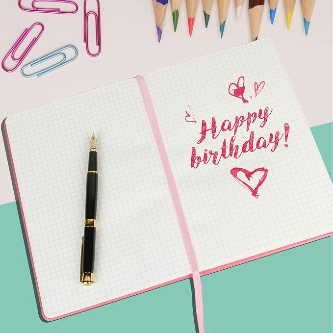 Grid Journal Bullet Notebook - Pink Leather Cover, 8.3 x 5.7Inch, 160 Pages, 100gsm Paper, Hardcover with Inner Pocket, Elastic Closure and Ribbon Bookmark, Great for Women and Men