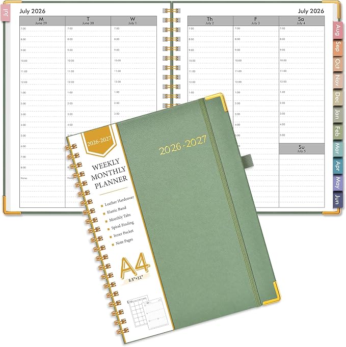 2026-2027 Appointment Book, Academic Weekly and Monthly Calendar Planner from July 2026 - June 2027, A4 8.5" x 11" Hardcover Leather Hourly Daily Planners with Tabs, College School Organizer for Student Teacher, Green