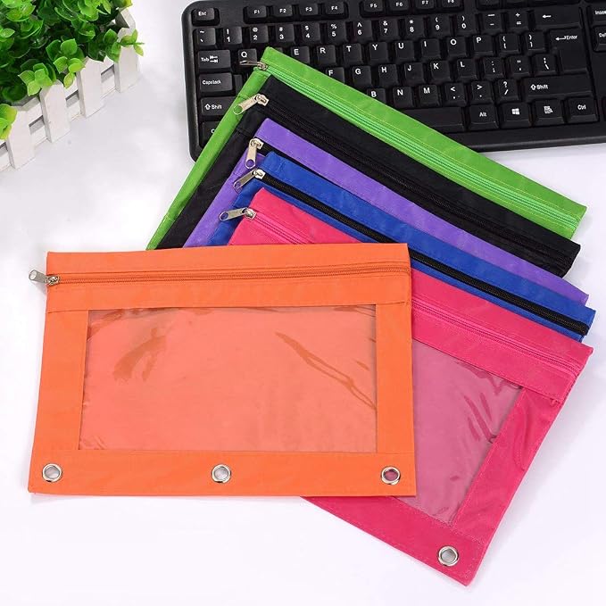 Zippered Pen Pencil Binder Pouch | 3 Rings with Clear Window for School Classroom Organizers 8 Pcs (Light Blue)