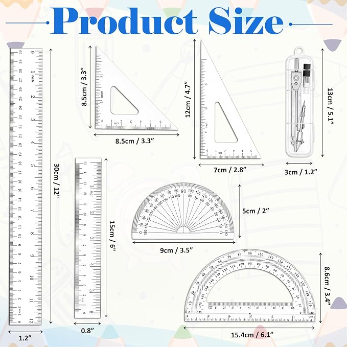 Coopay 7 Pcs Geometry Kit with Ruler, Triangle Ruler, Protractor and Compass Set | 12'' & 6'' Straight Rulers, 45°/60°Triangle Ruler, 6" & 4" Protractors, Compass, Geometry, Drafting, Math, School, Office