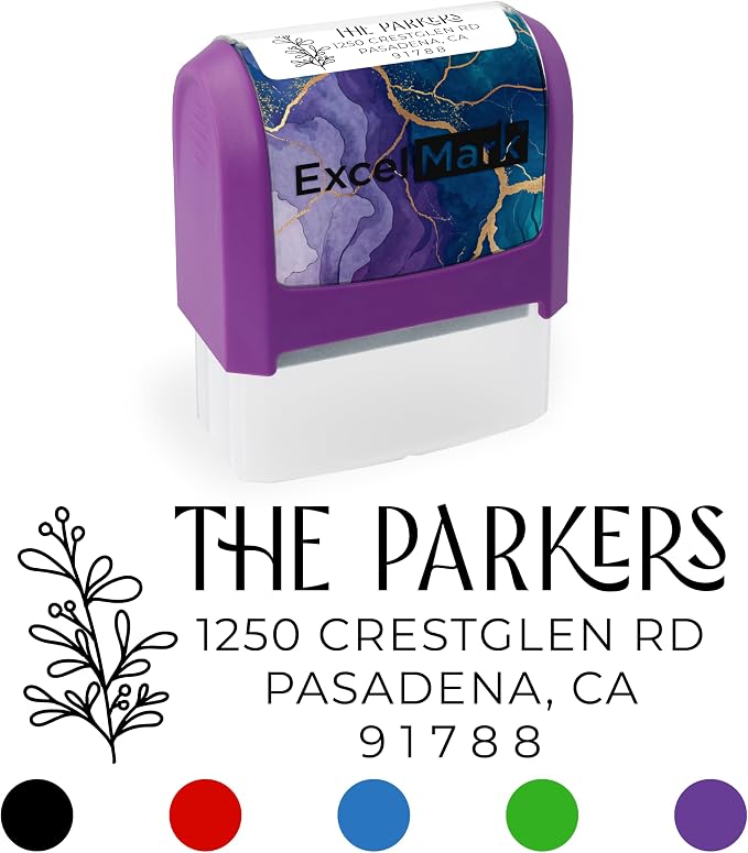 ExcelMark Custom Return Address Stamp (Purple, Foliage Edge) | Custom Return Address Stamp with Elegant Designs, Vibrant Colors & Patterns – Perfect for Mail, Invitations & Gifts