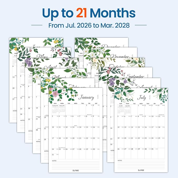 SUNEE 2026-2027 Wall Calendar Extra Large 17"x27", 21 Month July Calendar (Ends March 2028),Vertical Monthly for Wall, Greenery