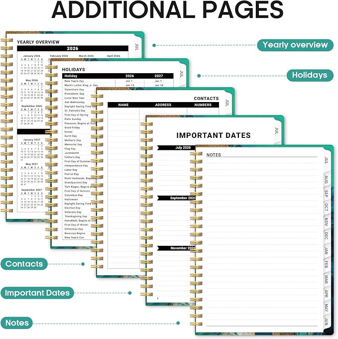 Planner 2026-2027, Academic Monthly and Weekly Calendar Planner for Women, July 2026 - June 2027, Hardcover Pretty Agenda Planner Book with Tabs, Spiral Daily Organizer for School Office Home Supplies, 6.3" x 8.5" - Emerald Shores