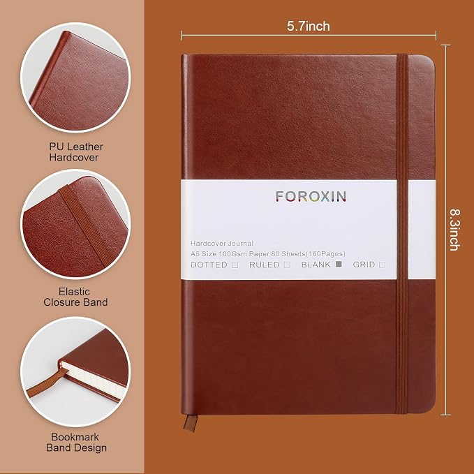 Blank Journal Notebook, (Brown), 160 Pages, Medium 8.3x5.7 inches - 100 gsm Thick Paper, Hardcover