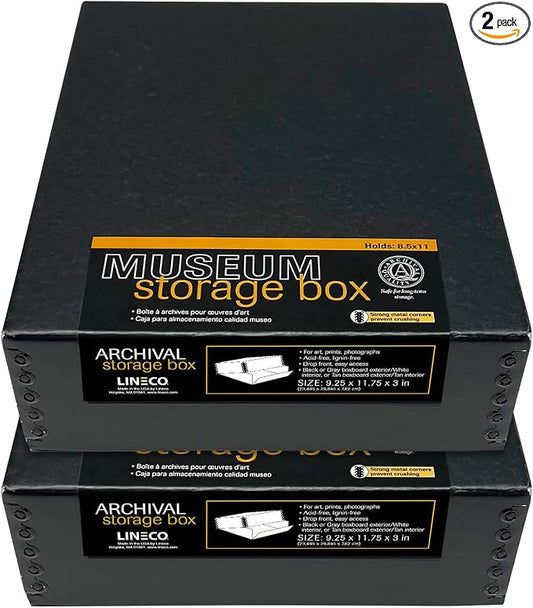 Lineco Drop Front Archival Storage Box, 9.25x11.75x3 in, Black, 2 Pack | Acid-Free with Metal Edge, Preserves Picture Longevity, Organize Photos, Newspapers, Prints, Documents, Crafts, DIY