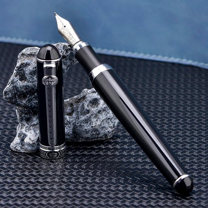 Lanxivi Duke D2 Fountain Pen Black Silver Trim Fine Nib with Additional Fude Nib (Bent Nib) and Converter Calligraphy Art Pen Set
