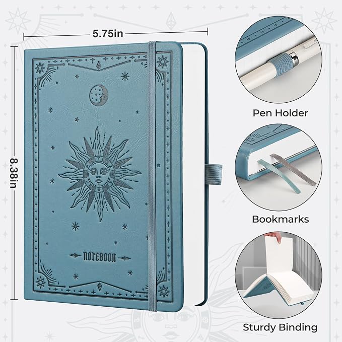 EMSHOI Graph Grid Journal Notebook, 320 Pages, A5 Size (5.7'' x 8.3'') | Leather Hardcover, 100 GSM Thick Paper, for School, Note Taking, Math, Engineering, Sun Debossed (Light Blue)