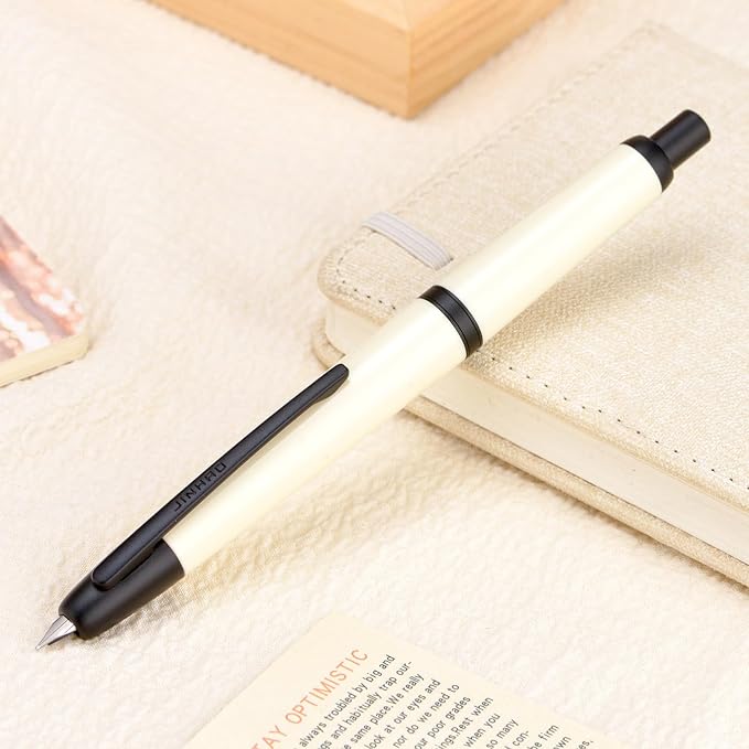 Jinhao 20 Press Retractable Fountain Pen Medium Nib with Converter Resin Writing Gift Pen, Ivory with Black Clip