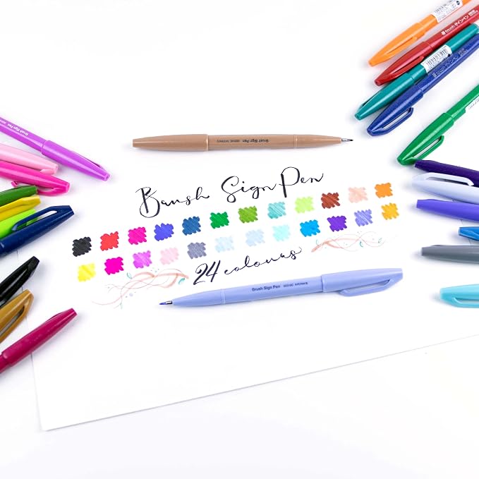 Pentel Arts Sign Pen Touch, Fude Brush Tip, 12 Assorted Colors in Marker Stand (SES15CPC12)