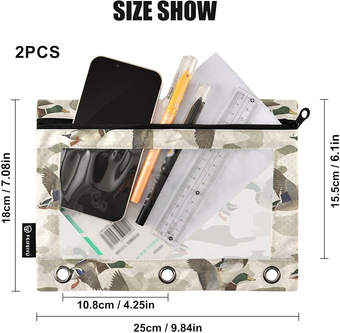ALAZA Wild Duck Camouflage Pencil Pouch for 3 Ring Binder 2 Pack Zipper Binder Pencil Bag Case with Clear Window Office Supplies