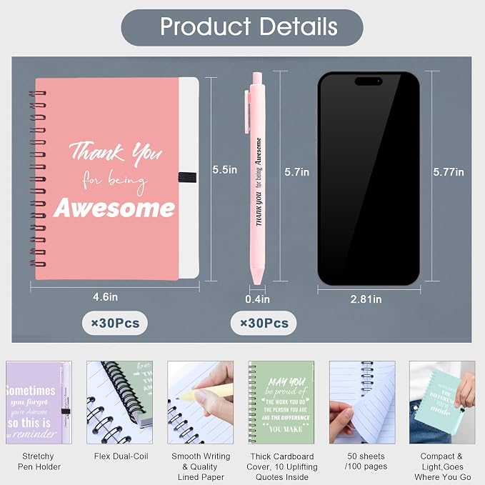30 Sets/60 Pcs Employee Appreciation Gifts Bulk – Inspirational Notebooks with Motivational Pens, Small Notepads for Coworkers, Office Staff, Team, Volunteer, Nurse, Teachers, Housekeeping (Macaron)