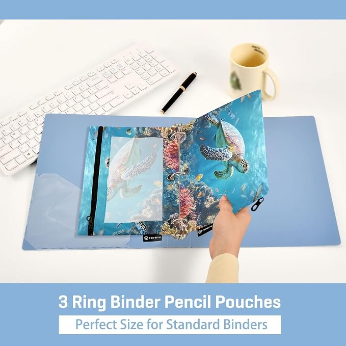 Sea Turtle Underwater Pencil Pouch for 3 Ring Binder 2 Pack Zipper Binder Pencil Bag with Clear Window Pencil Case for Office Supplies