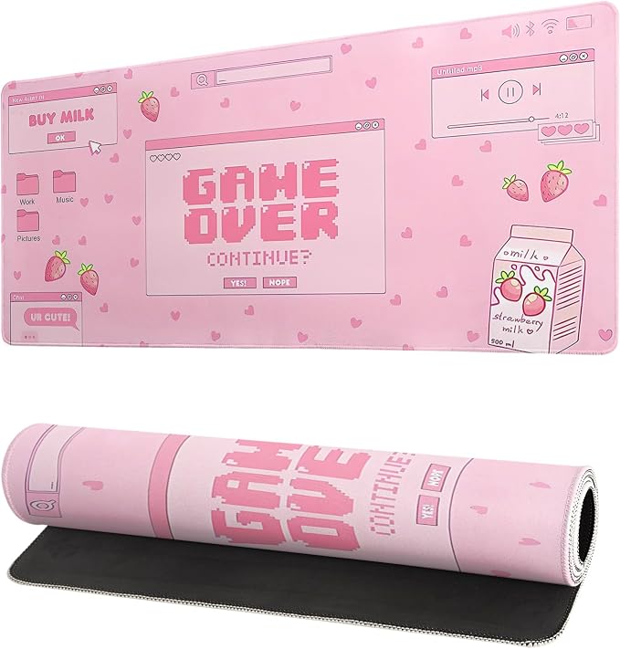 Pink Gaming Mouse Pad 27.6x11.8 Inch Pastel Game Over Large Mousepad Kawaii Office Decor for Women Non-Slip Rubber Base Stitched Edges Keyboard Mouse Mat Desk Pad for Office Home and Game