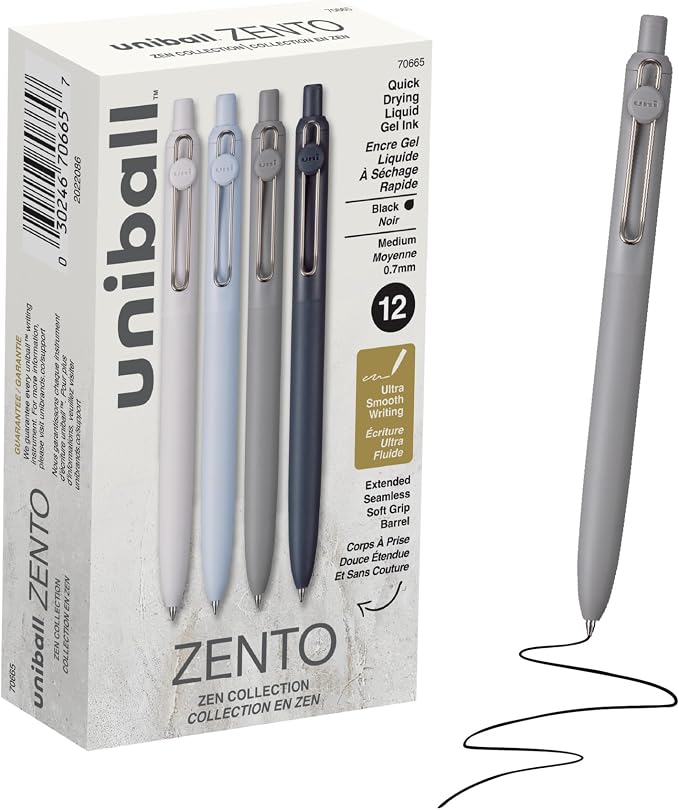 uniball™ Zento Gel Pens, Black Ink, 0.7mm Medium Point, Retractable, 12 Count, Smooth Writing, Quick-Drying, No Smear, No Bleed, Zen Barrel Colors