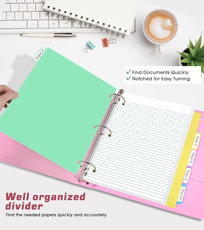 3 Ring Binder 1 inch，Cute Binder Organizer with 5 Tab Dividers Fits 175 Sheets of 8.5x11 Paper, Customizable Clear Cover with Inside Pockets, Aesthetic 1" Three Ring Binders for School Office，Pink