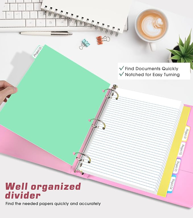 3 Ring Binder 2 inch，Cute Binder Organizer with 5 Tab Dividers Fits 175 Sheets of 8.5x11 Paper, Customizable Clear Cover with Inside Pockets, Aesthetic 2" Three Ring Binders for School Office，Pink