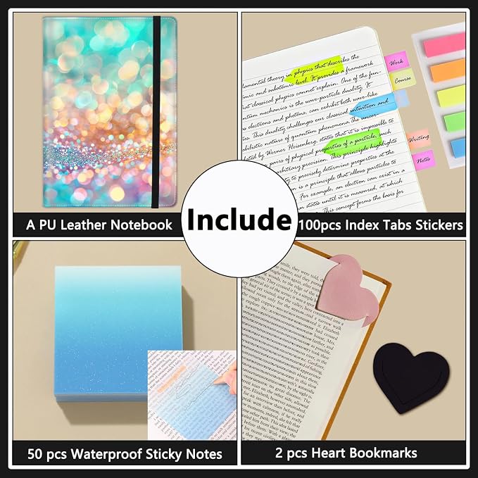 A5 Leather Lined Journal Notebook, 200 Pages Hardcover Executive Notebook for Men Women Office School Note Taking, Thick Writing Paper Daily Journal with Bookmarks/Indexes, Teal Gold Glitter