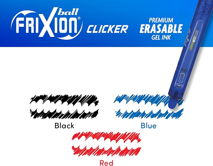PILOT FriXion Clicker Erasable, Refillable & Retractable Gel Ink Pens, Fine Point, Black/Blue/Red Inks, 3-Pack (31467)