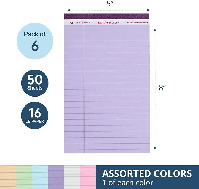ROARING SPRING Enviroshades Assorted Colored Small Legal Pads, 6 Pack, Legal Ruled Recycled Mini Writing Note Pads, 5" x 8", 50 Sheets, Perforated Memo Pad For School & Office, Made in USA