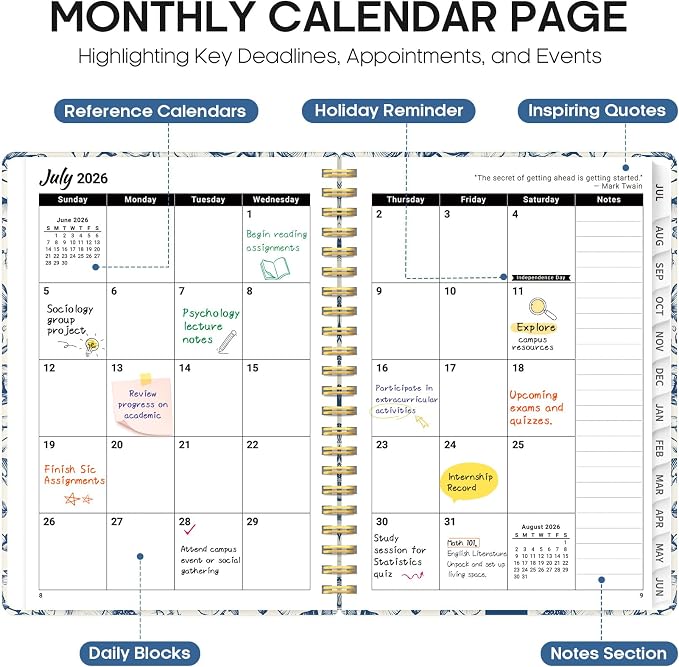 Planner 2026–2027, Weekly & Monthly Academic Organizer for School Year, Jul 2026–Jun 2027, Hardcover Planner with Tabs, Back to School Essential, 6.3" x 8.5", Porcelain Bloom