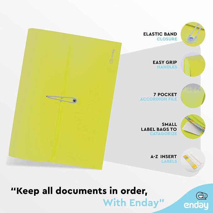 Accordion File Organizer Green, 7 Pocket Expanding File and Cover Folder with Labels, Plastic Portable Desktop Letter A4 Paper, Also Available in Red, Blue, Purple, Pink, Grey, 1 Pc – By Enday