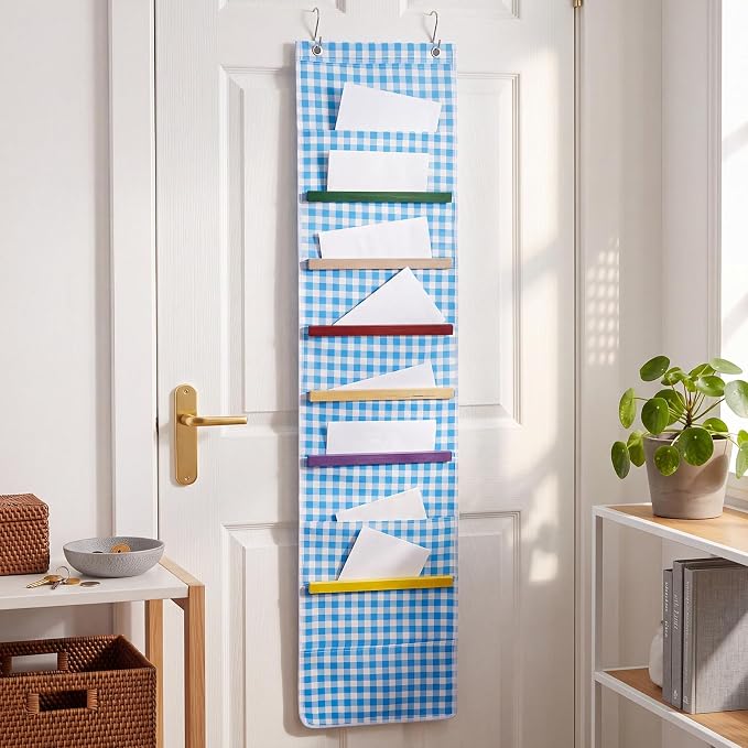 MotiMind 10 Blue Plaid Pockets Wall Hanging File Folders File Storage Pocket Chart for Classroom Hanging Wall Organizer with 2 Over The Door Hangers, 58" x 14" for School Classroom Office Home