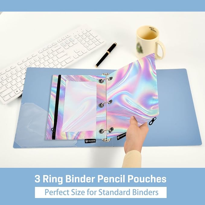 ALAZA Pencil Pouch for 3 Ring Binder, Holographic Rainbow Gradient Swirl Tie Dye Binder Pencil Pouches with Clear Window Zipper Pencil Case Cosmetic Bags for Office College Supplies, 2PCS