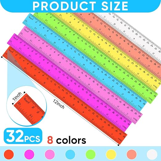 SenseYo 32 Pcs Clear Plastic Rulers 12 Inch Color Transparent Ruler with Centimeters and Inches for Kids Classroom Office Supplies
