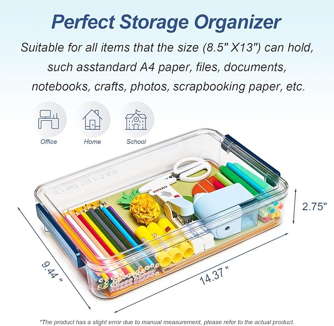 CATOOMUU 16-Pack 9x13 Shallow Flat Clear Plastic Storage Boxes | 5.5Qt stackable cases with lids, snap-tight latch container for paper, A4 files, documents, scrapbook, craft, art supplies