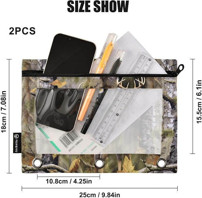 Camo Deer Hunting Pencil Pouches for 3 Ring Binder, Zipper Binder Pencil Case, 2 Pack Clear Window Case Bag for Office Organizers