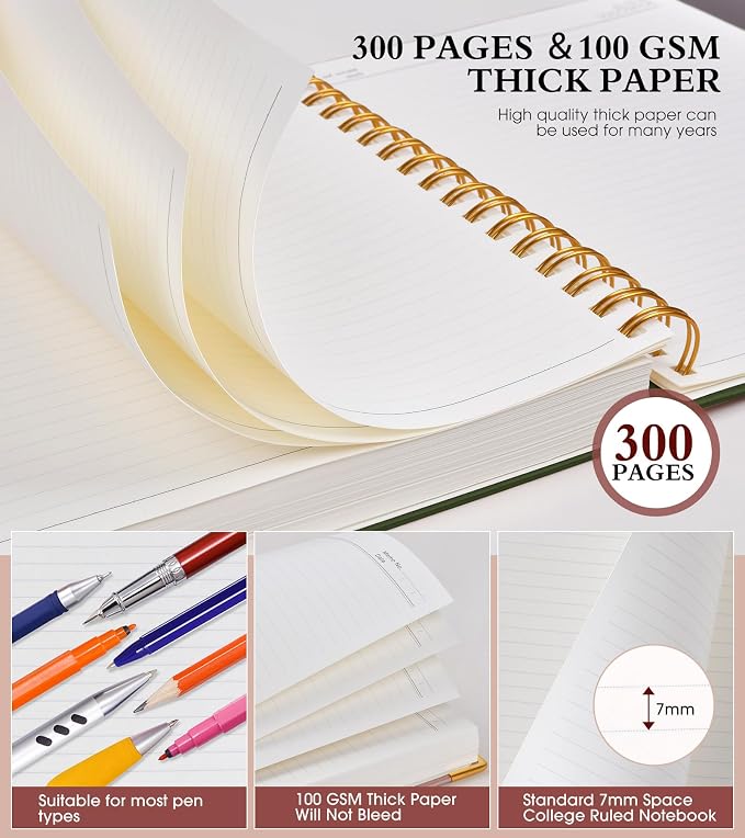 Spiral Notebook Journal 7.6” x 10”, 300 Pages Hardcover Leather Lined Journals for Women Men, B5 Large College Ruled Notebooks with 100 GSM Thick Paper, Spiral Journal for Writing Work, Olive Green
