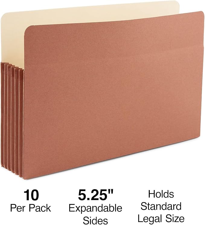 Staples Recycled Reinforced File Pockets, Legal Size, 5.25‑Inch Expansion, Heavy‑Duty Brown Construction – 20/Carton