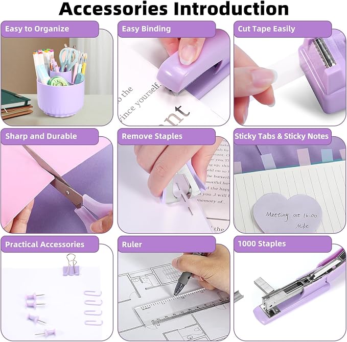 VZZNN Purple Office Supplies Set - 12-Piece Desk Organizer with 360° Pen Holder, Tape Dispenser, Stapler, Scissors, Ruler, Staple Remover, 1000 Staples, Tape, Clips, Sticky Tabs & Notes