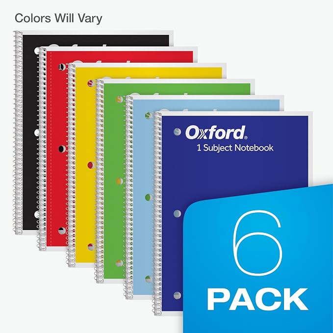 Oxford Spiral Notebook, 6 Pack, 1 Subject, Wide Ruled Paper, Notebooks for School, 8 x 10.5 Inches, 70 Sheets, Assorted Colors, Back to School Supplies (65010)