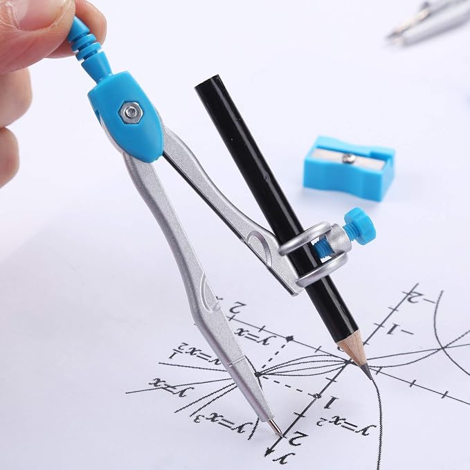 Unjoo Geometry Set 10 Pcs Student Supplies, Protractor and Compass (Blue） | Shatterproof Storage Box,Rulers,Protractor,Compass,Eraser,Pencil Sharpener,Lead Refills,Pencil,for Classroom, Back to School