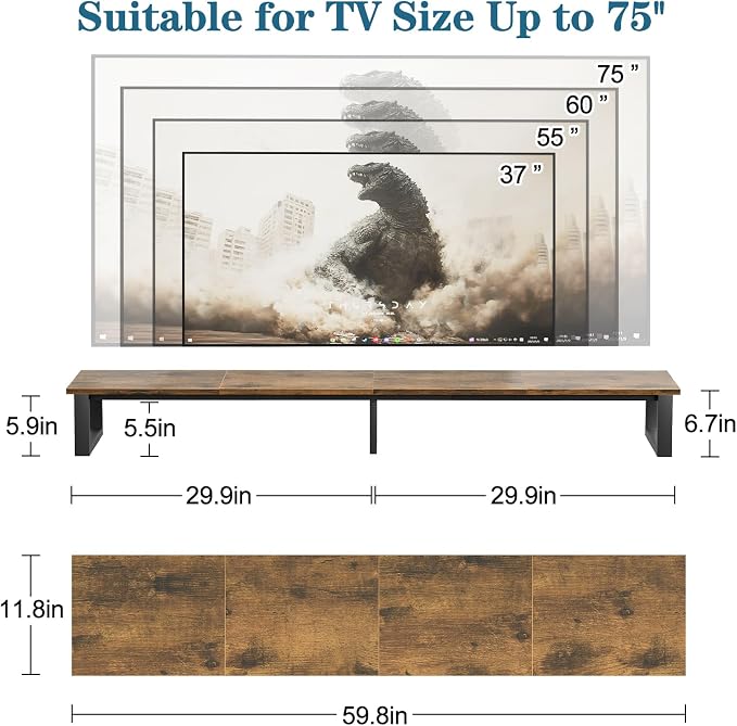 aboxoo 59" Large TV Riser Stand for 32-75 Inch TV, TV Shelf with Steel Legs | Brown TV Riser Stand with Storage, Tabletop TV Riser for Home Living Room, Study Office, Fit TV, Monitor, Laptop