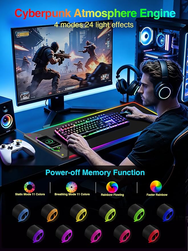 Magnetic Wireless Charging Mouse Pad Gaming, 31.5"x15.8" Large Desk Mat | RGB Mousepad, Smooth Glide, Stitched Edge, Non-Slip Rubber Base, Desk Pad Computer Keyboard Mat, No Adapter