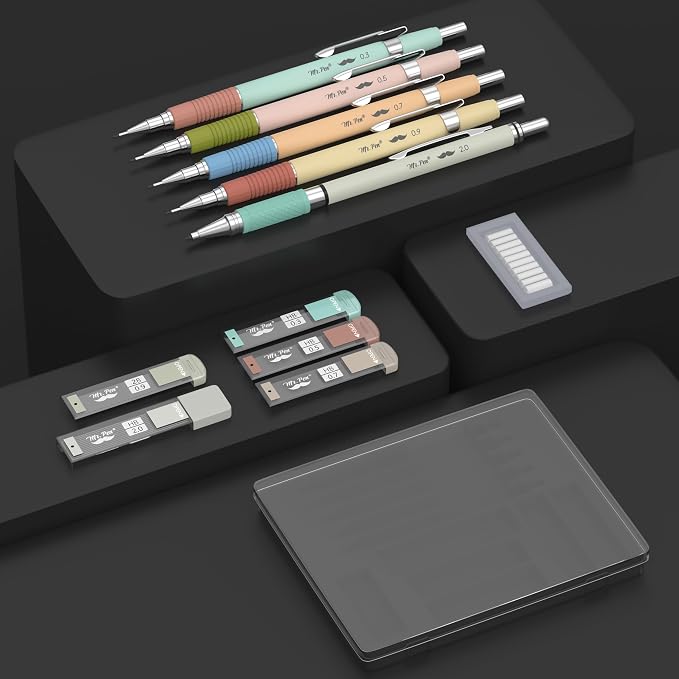Mr. Pen- Art Mechanical Pencil Set, 5 Metal Mechanical Pencils (0.3, 0.5 | 0.7, 0.9, 2.0mm), 5 HB Lead Refills & 10 Eraser Refills, Precision Drawing Pencils for Sketching, Writing & Technical Artwork