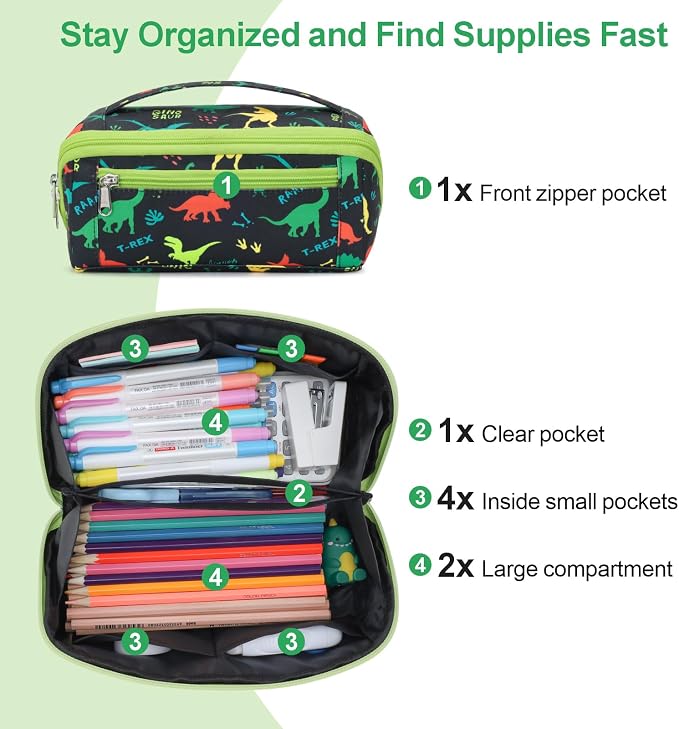 Large Pencil Case for Boys, Durable Kids Pencil Pouch for School, Wide Opening Soft Bag with Handle, Fits 50 Pens & Markers (Black Dinosaur) | Kids Pencil Case & Wide Handle, Water Resistent Organizer Box, Fits 50 Pens & Markers, Daily Use, Black Dinosaur