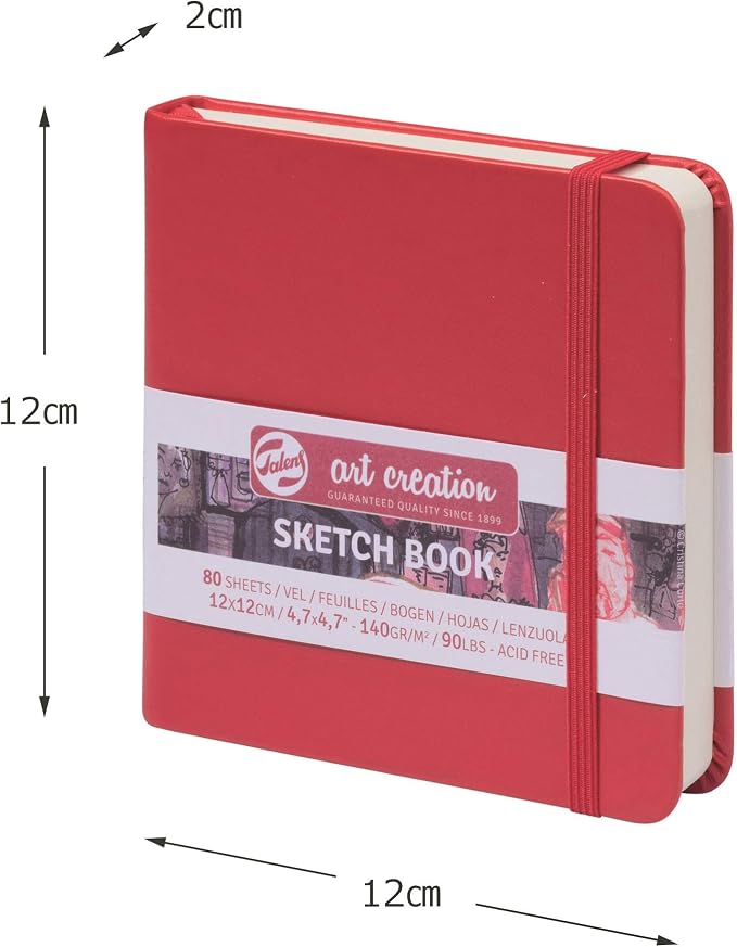 Talens Art Creation Sketchbook Red 12X12 cm, 140 Grams | Hard-Bound Pocket Notebook, 140 GSM/94 lbs Paper, Acid-Free Cream Blank Paper, Ribbon Bookmark and Elastic Closure