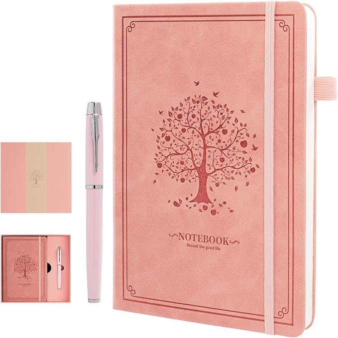 OnMove Lined Notebook with Gift Box for Women Men 320 Pages A5 Hardcover Leather with Pen Holder College Ruled Journals for Work Note Taking Travel School Pink